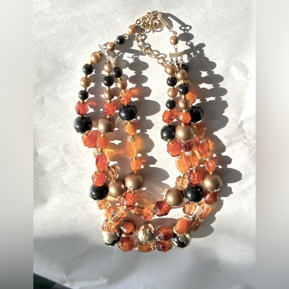 VTG Japan Glass Amber Black Fall Beaded Necklace bronze bead caps. - Picture 3 of 7